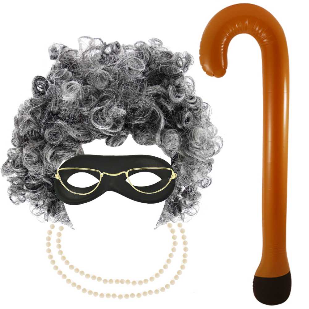 Zac's Alter Ego - 5 Piece Granny Kit Gangster Granny Wig, Bead Necklace, Glasses & Mask Ensemble d'accessoires de costume - Multicolore